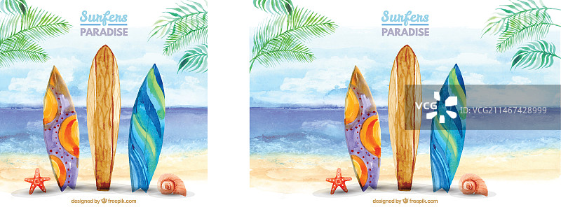 海滩水彩冲浪景观图片素材