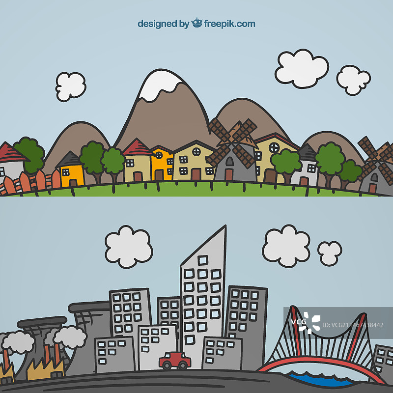 手绘城市和乡村景观图片素材