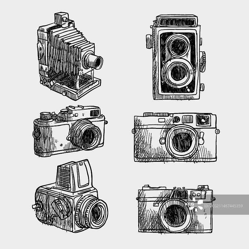 手绘复古相机种类图片素材