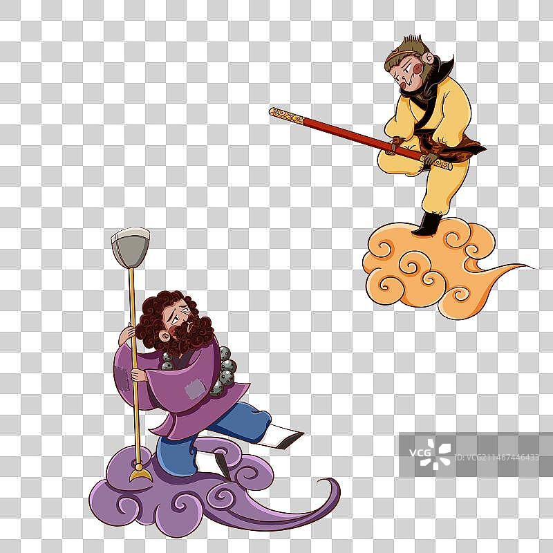 扁平风格 西游记  孙悟空大战沙和尚 流沙河图片素材