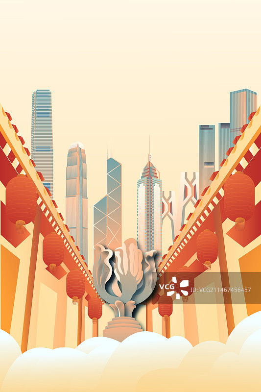 香港节日城市建筑喜庆中式街道竖版插画图片素材