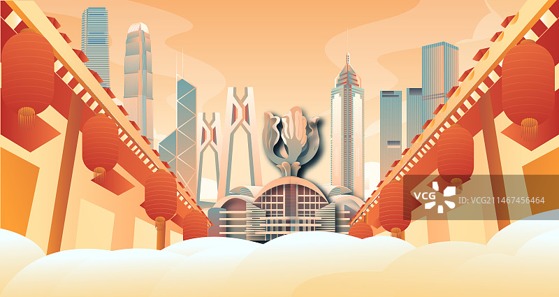 香港节日城市建筑喜庆中式街道横版插画图片素材