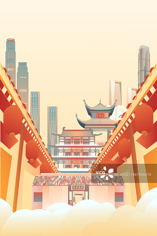 长沙节日城市建筑喜庆中式街道竖版插画图片素材