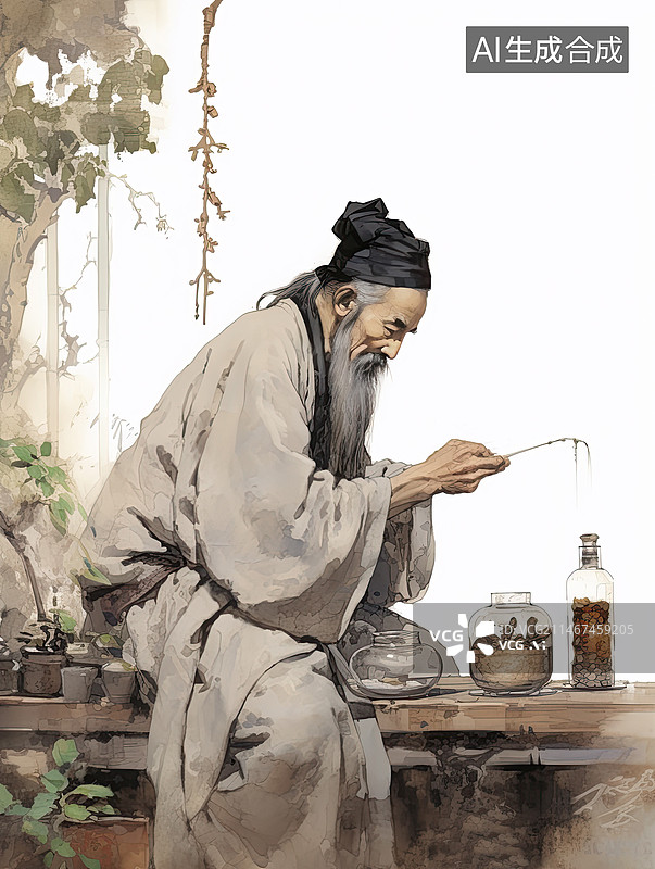 【AI数字艺术】古代研制中草药的中医老人室外水墨画中国画图片素材