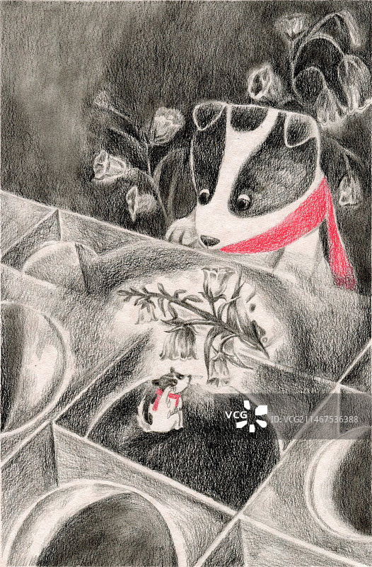 小狗元旦花与月1图片素材