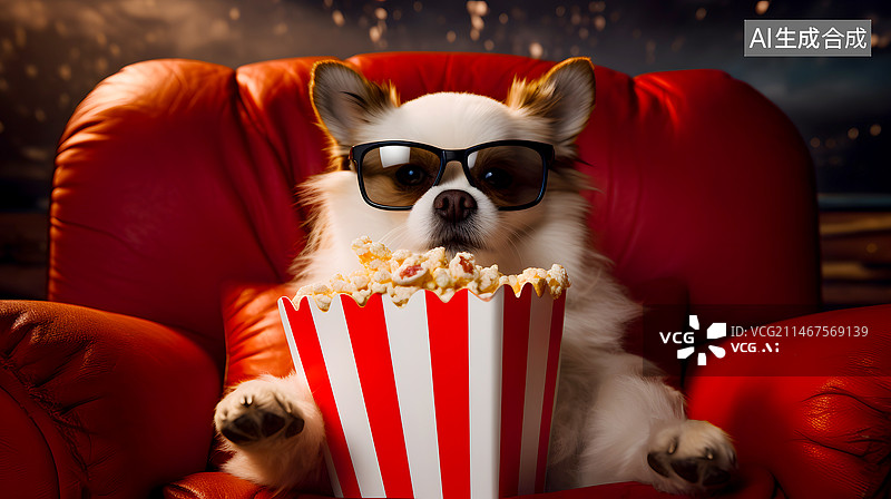 【AI数字艺术】一只狗在电影院里吃爆米花看电影图片素材