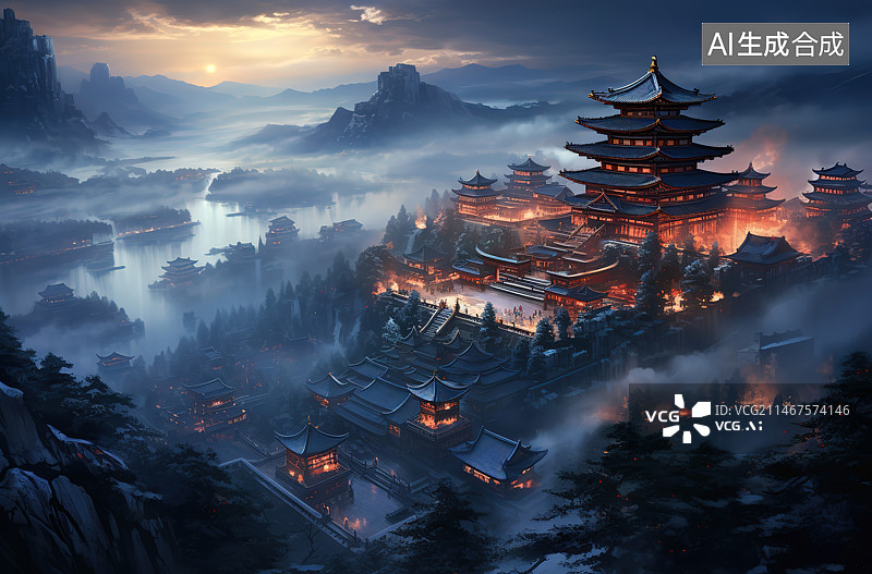 【AI数字艺术】晨雾中的古建筑图片素材