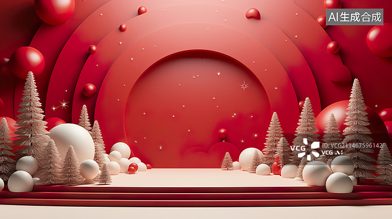 【AI数字艺术】圣诞主题剪纸风格红色舞台电商背景图片素材