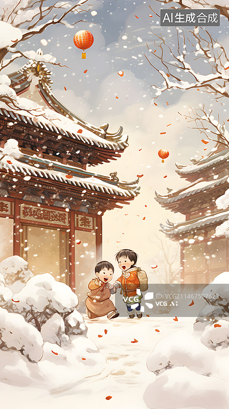 【AI数字艺术】中国北方四合院门口，两个孩子在放鞭炮图片素材