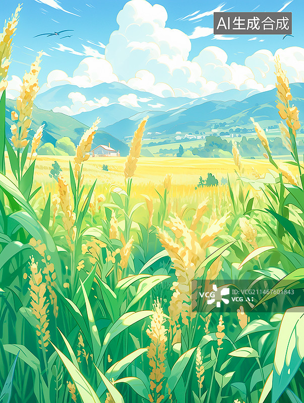【AI数字艺术】清新麦田小麦插画图片素材