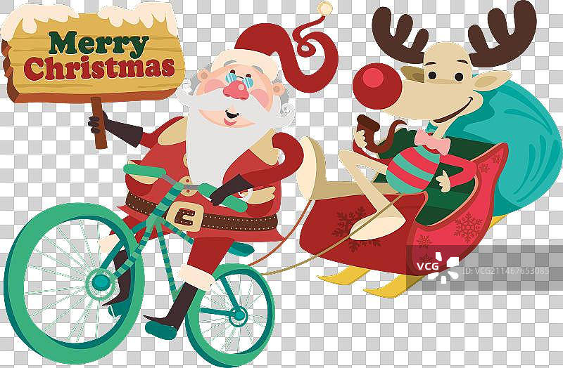 圣诞老人用自行车拖着雪橇图片素材