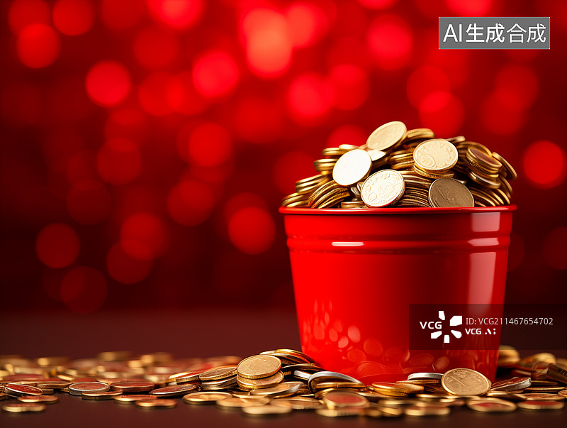 【AI数字艺术】红色背景下的硬币和容器中的硬币特写镜头，中国红，红包，春节压岁钱图片素材