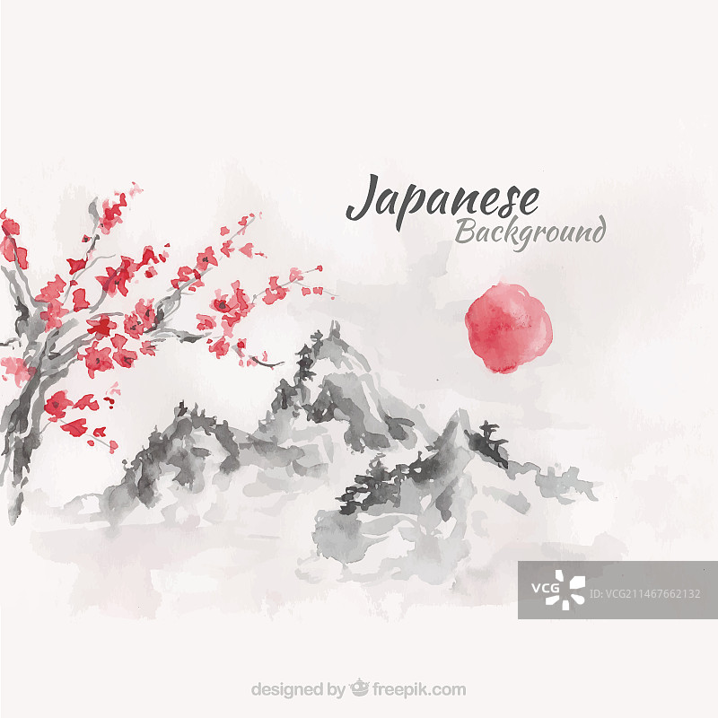 水彩效果的日式风景背景图片素材