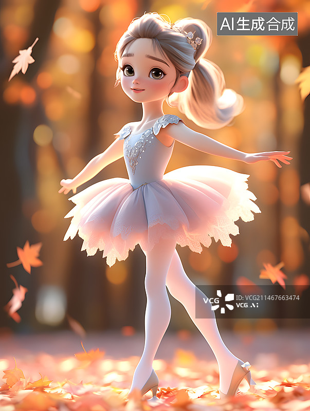 【AI数字艺术】3D卡通在秋天的落叶中跳芭蕾的女孩图片素材