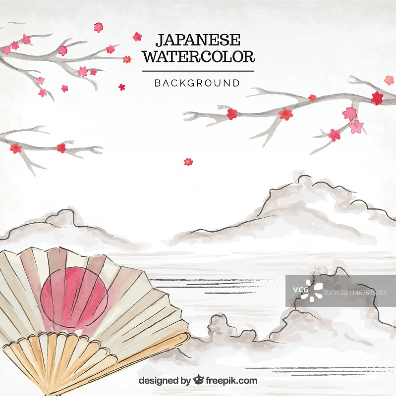 具有装饰扇子的日本水彩风景背景图片素材