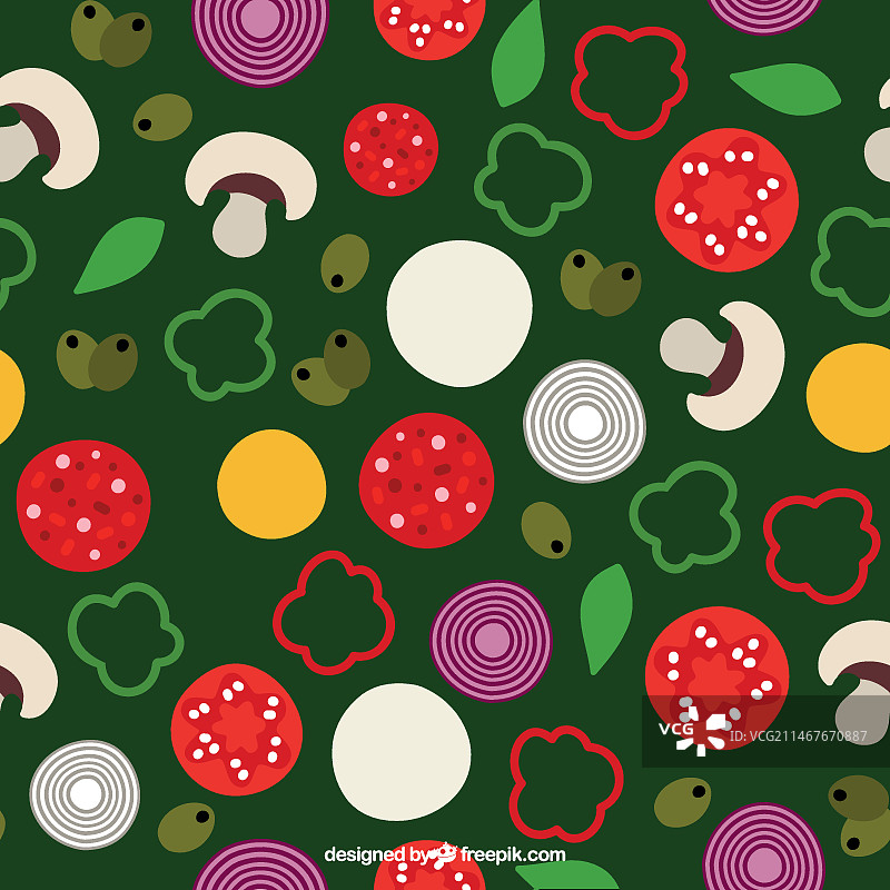 绿色背景上的披萨配料图案图片素材