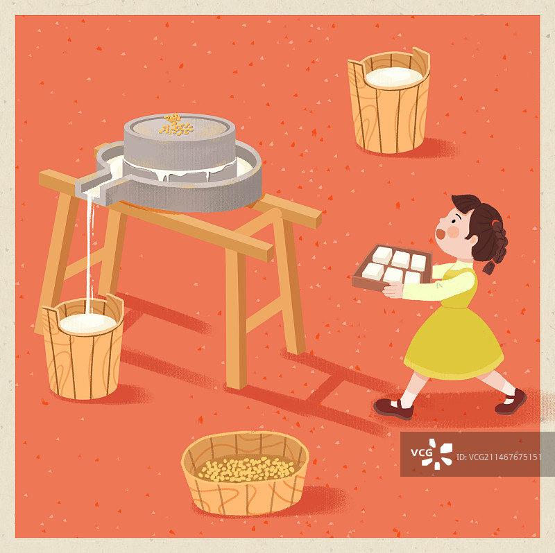年俗-腊月二十五节日做豆腐石磨工具儿童小女孩红背景方图图片素材