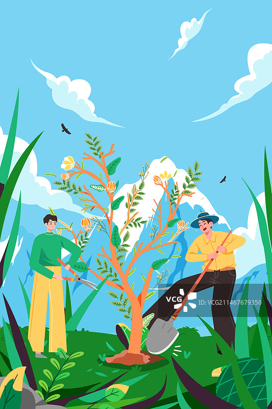 卡通生活方式环保资源生态环境保植树节种植培育大自然园艺春季春天户外郊游风景景观休闲渐变矢量插画图片素材