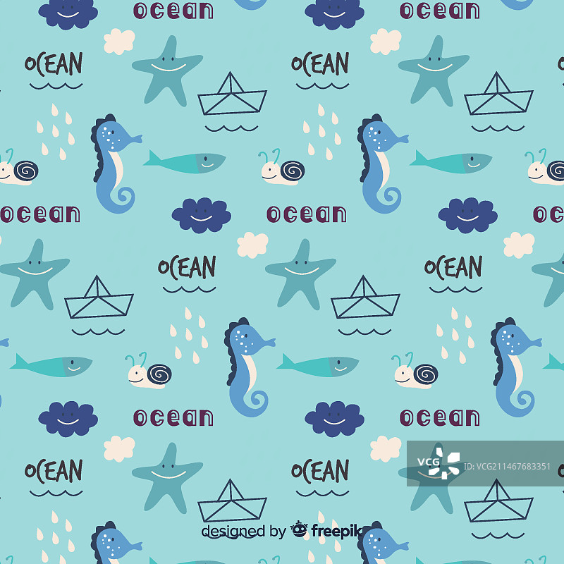彩色涂鸦海洋动物和文字图案图片素材