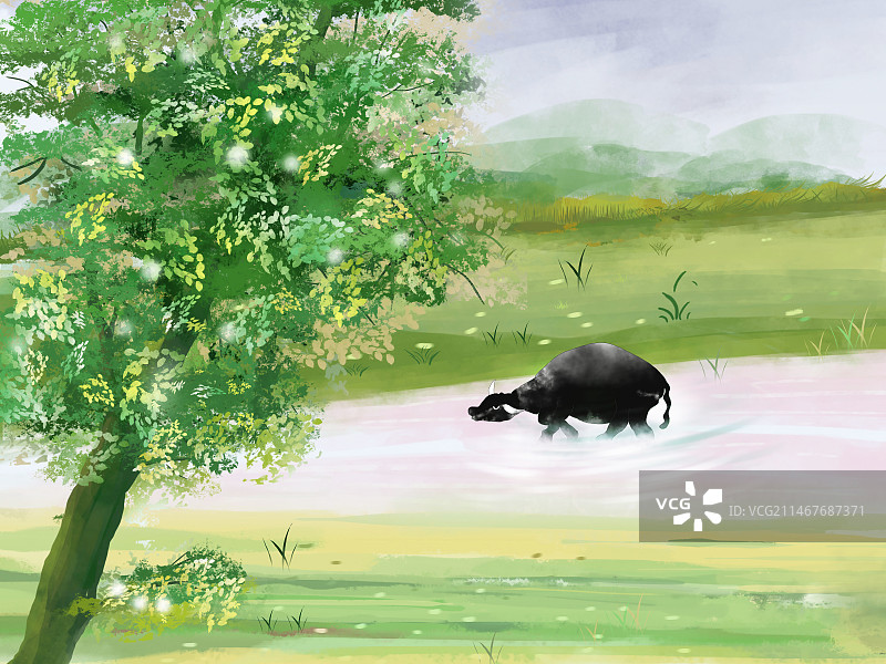 春天田园风景插画 河里的水牛  河岸边的大树图片素材