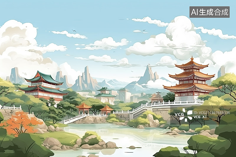 【AI数字艺术】中国传统风格的山水园林图片素材