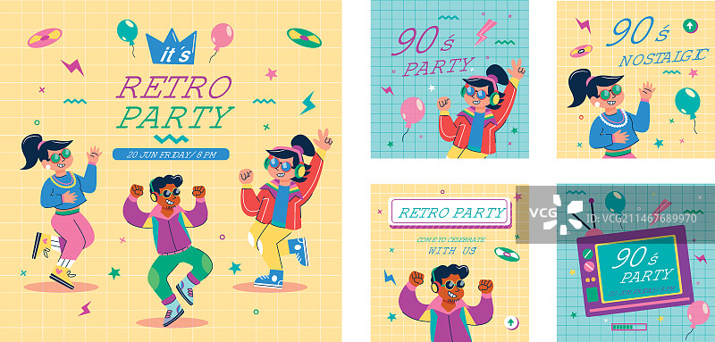 扁平风格90年代复古派对Instagram帖子图片素材