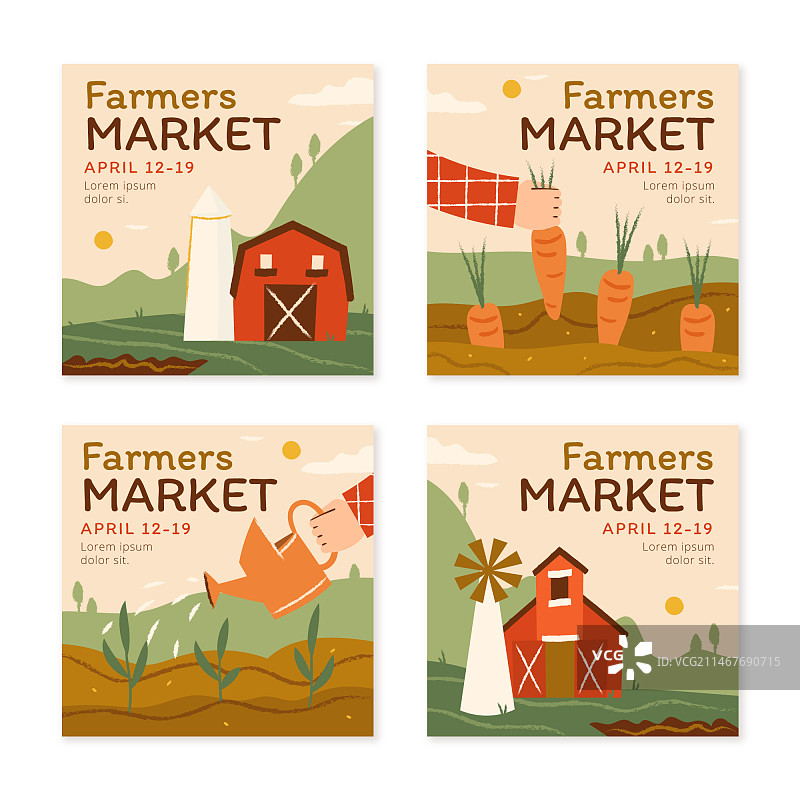 手绘扁平风农贸市场Instagram帖子合集图片素材