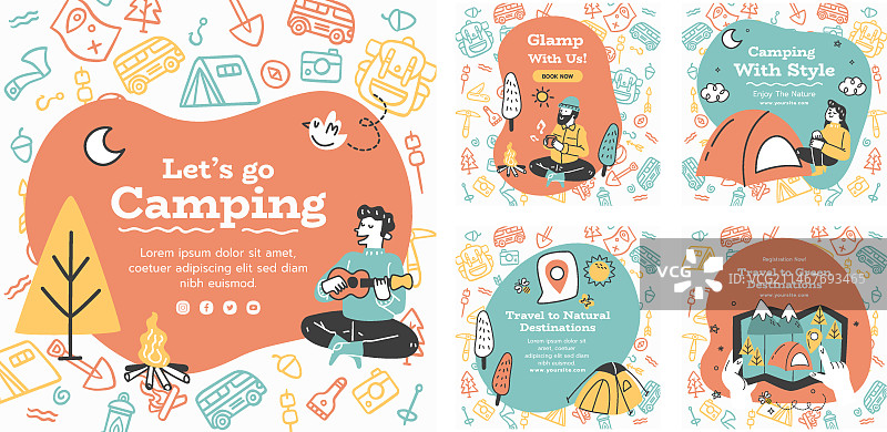 扁平风格豪华露营Instagram帖子合集图片素材
