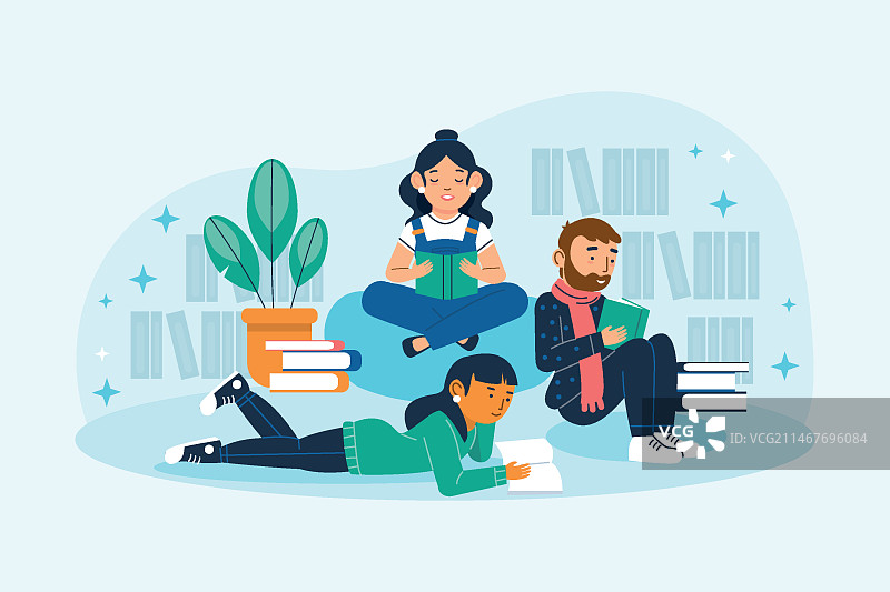 手绘扁平风读书俱乐部插画图片素材