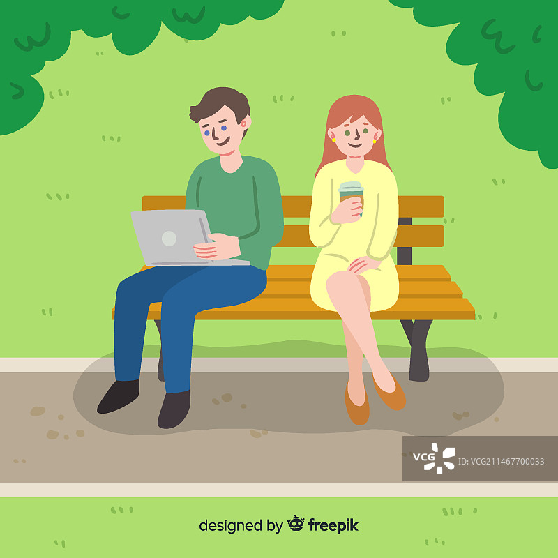 情侣坐在公园的长椅上图片素材