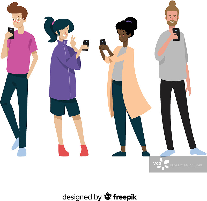 手绘年轻人使用智能手机插画集图片素材