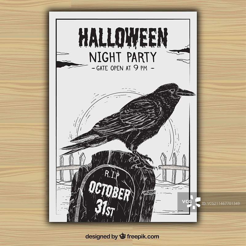 万圣节派对宣传单，带乌鸦和手绘墓碑图片素材