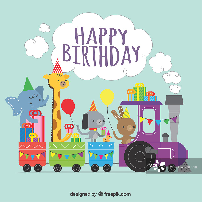 生日背景：火车和可爱的动物图片素材