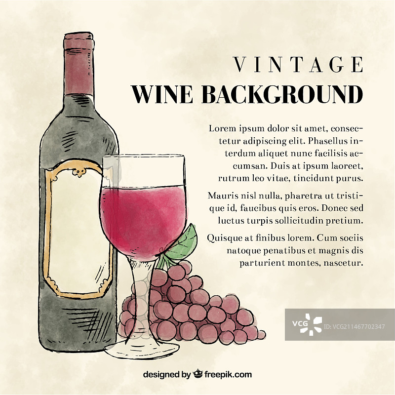 葡萄酒瓶和酒杯复古水彩背景图片素材