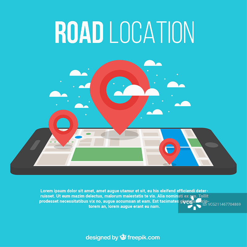 带有智能手机和三个地标的道路地图背景图片素材