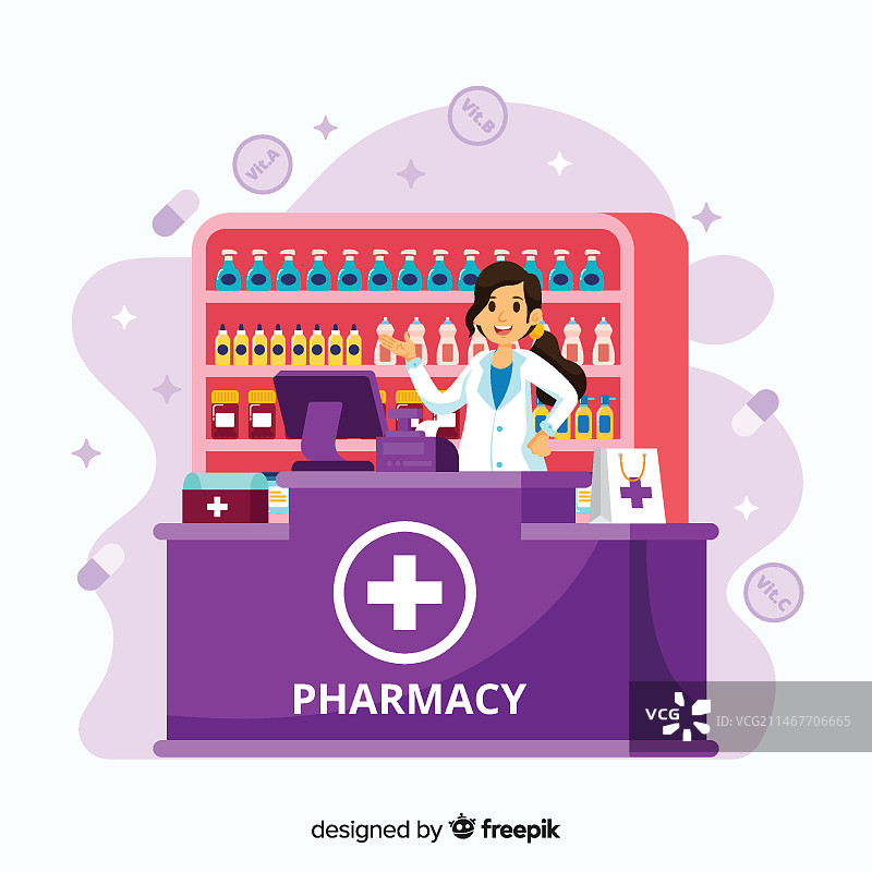 扁平风格药剂师服务顾客背景图片素材