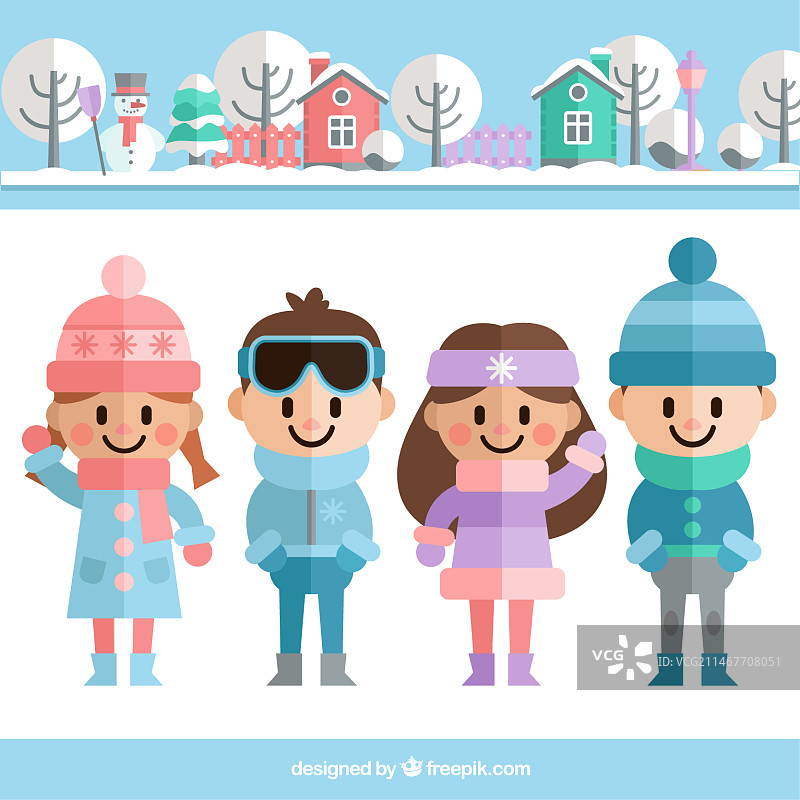 雪景中穿着冬装的孩子们图片素材