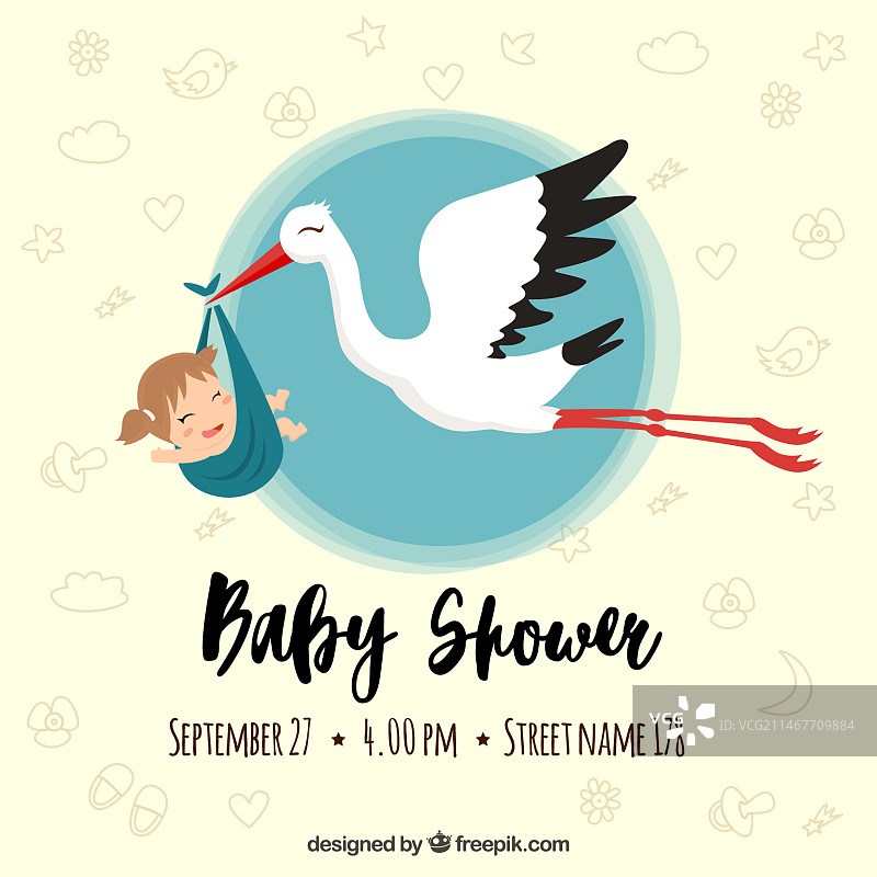 带有可爱小女孩的鹳主题新生儿派对卡片图片素材