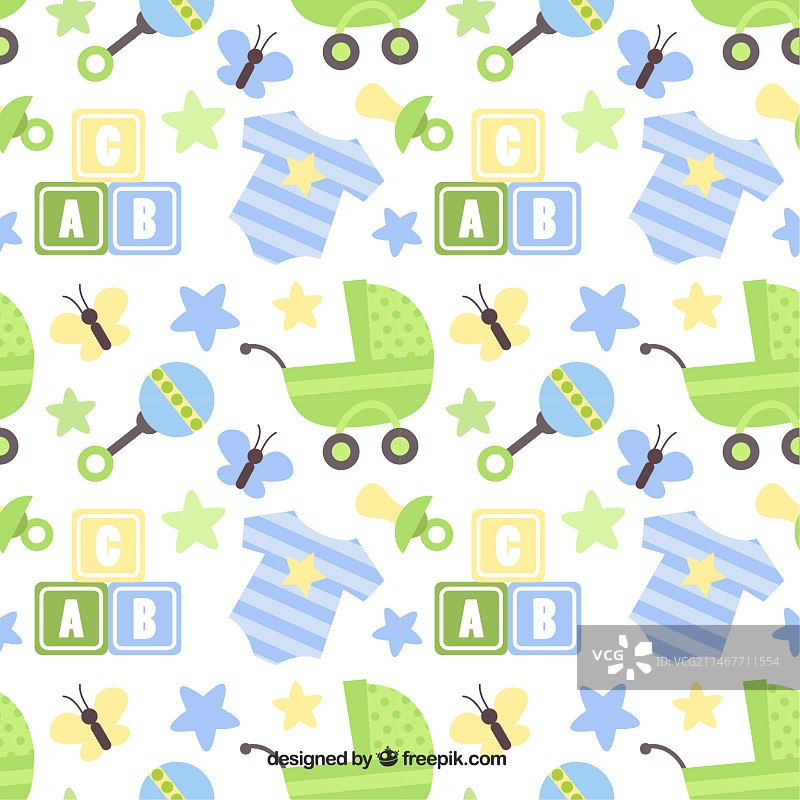 采用扁平化设计的婴儿车和拨浪鼓精美图案图片素材