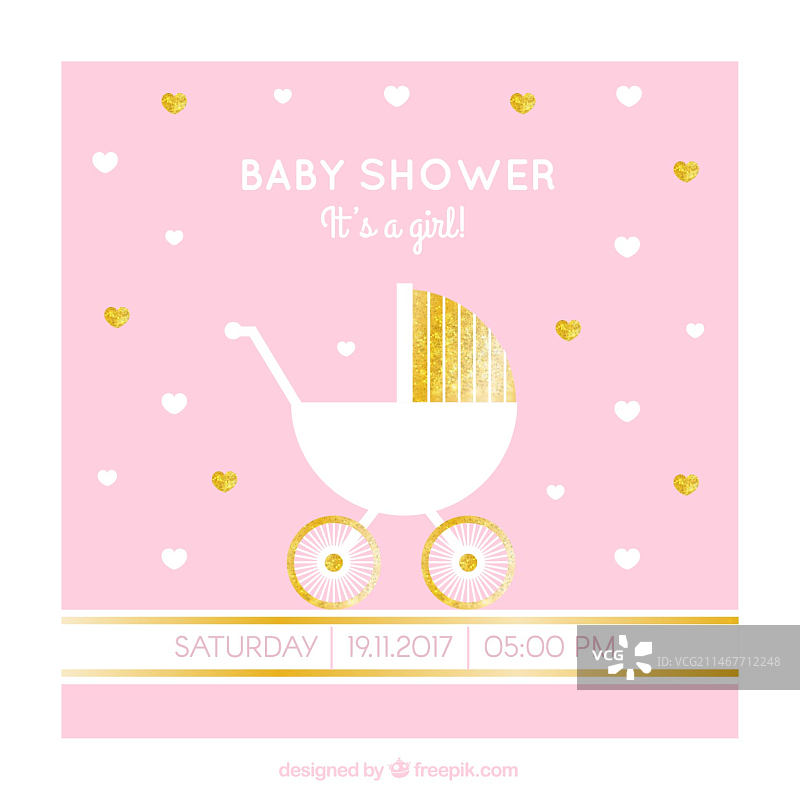 带婴儿车和金色细节的送礼会贺卡图片素材