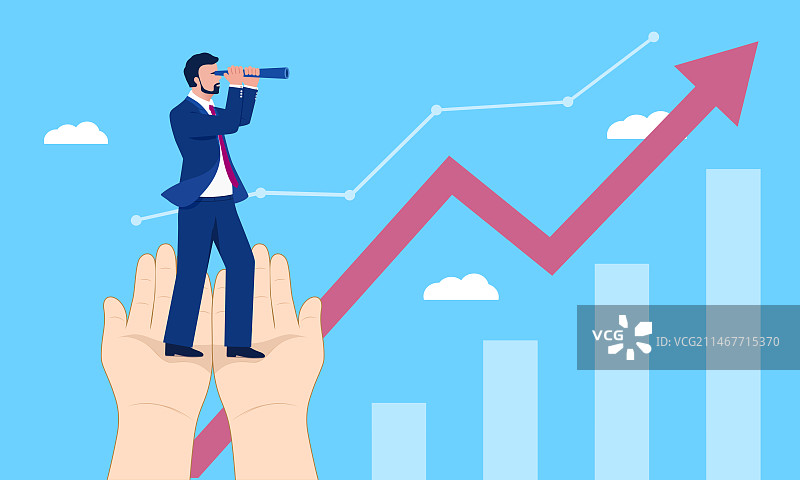 商务男人用望眼镜查看箭头上升的速度的插画图片素材