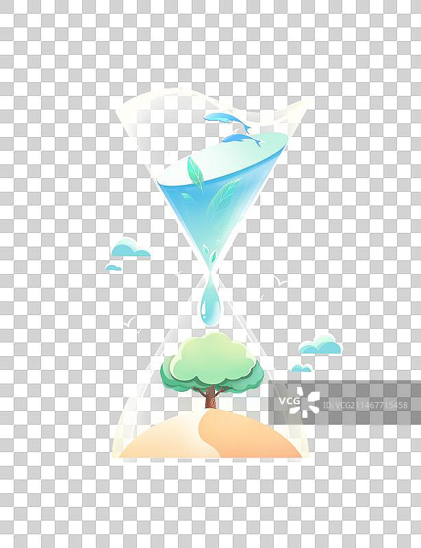 沙漏中，雨水收集在一起灌溉沙漠中生长出的一棵树，清新卡通系列免扣元素图片素材