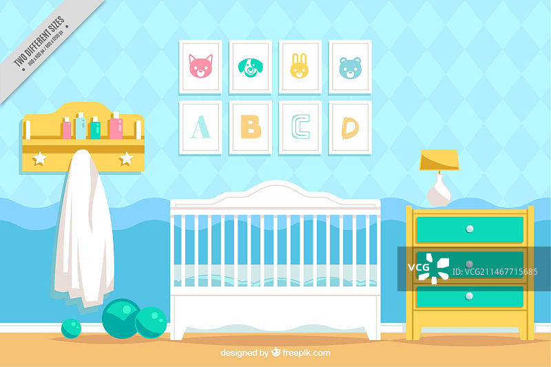 带有装饰画框的婴儿房图片素材