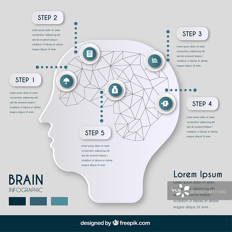 具有五个步骤的几何大脑信息图表模板图片素材