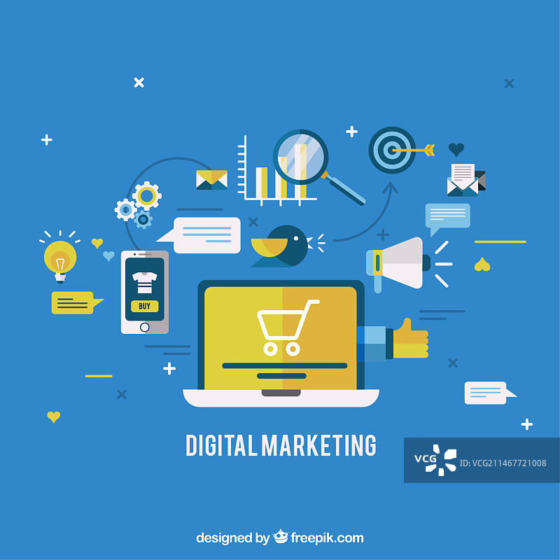 扁平设计中的蓝色数字营销背景图片素材