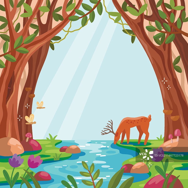 手绘扁平风魔法森林边框图片素材