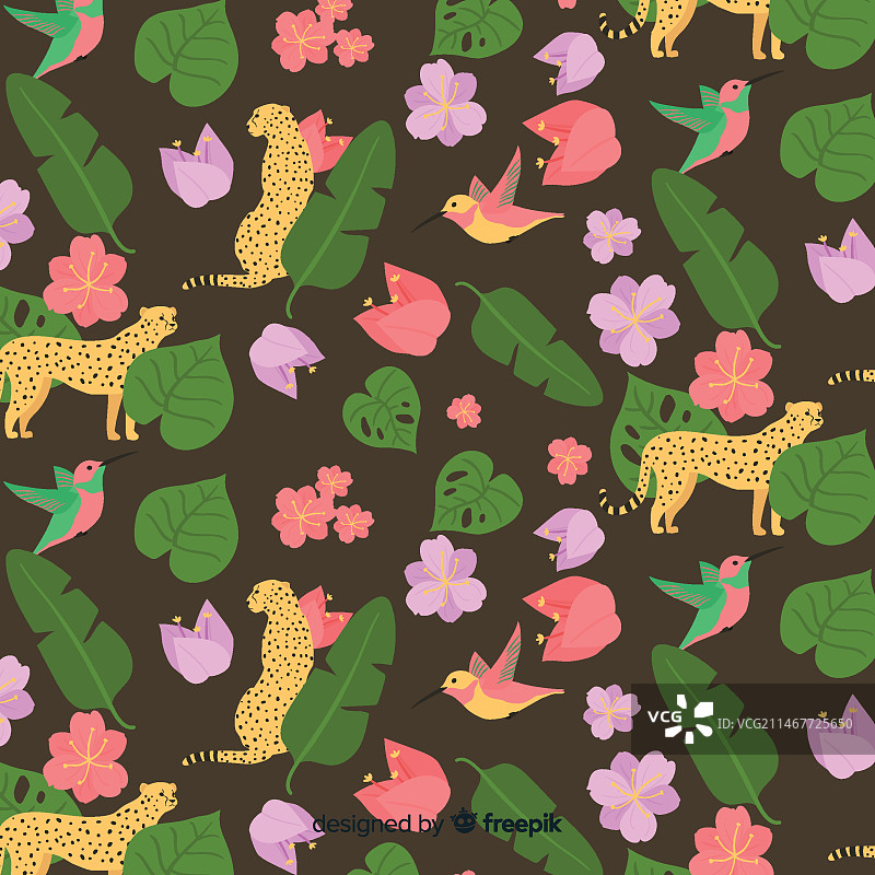 扁平风格热带树叶和花卉背景图片素材