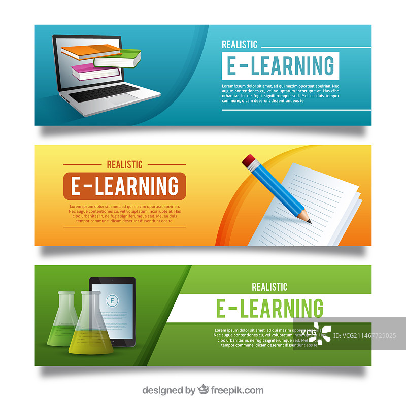 彩色在线教育banner，带逼真元素图片素材