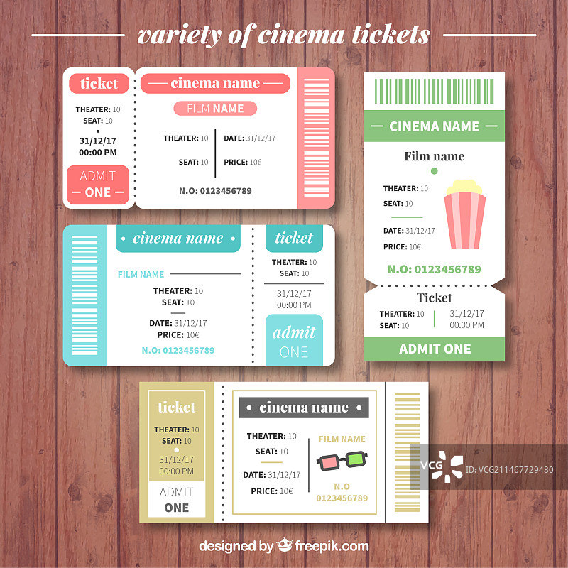 四张逼真的电影票素材包图片素材