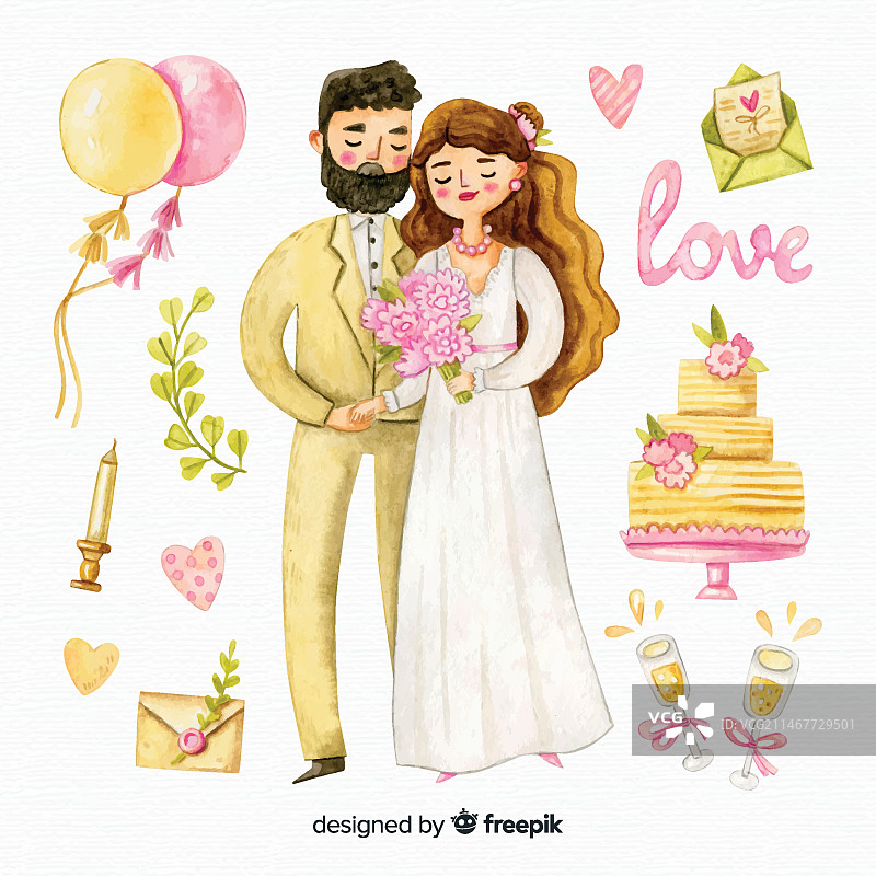 带装饰的水彩婚礼情侣图片素材